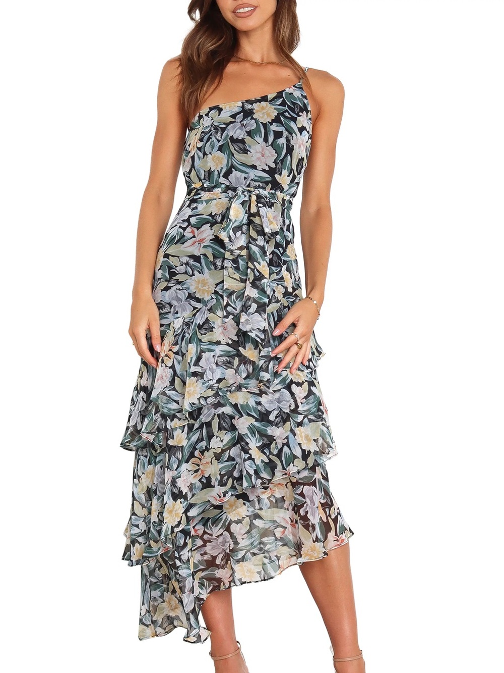 NWT Petal and Pup Amren Floral One-Shoulder Tiered Asymmetric Dress women's 2